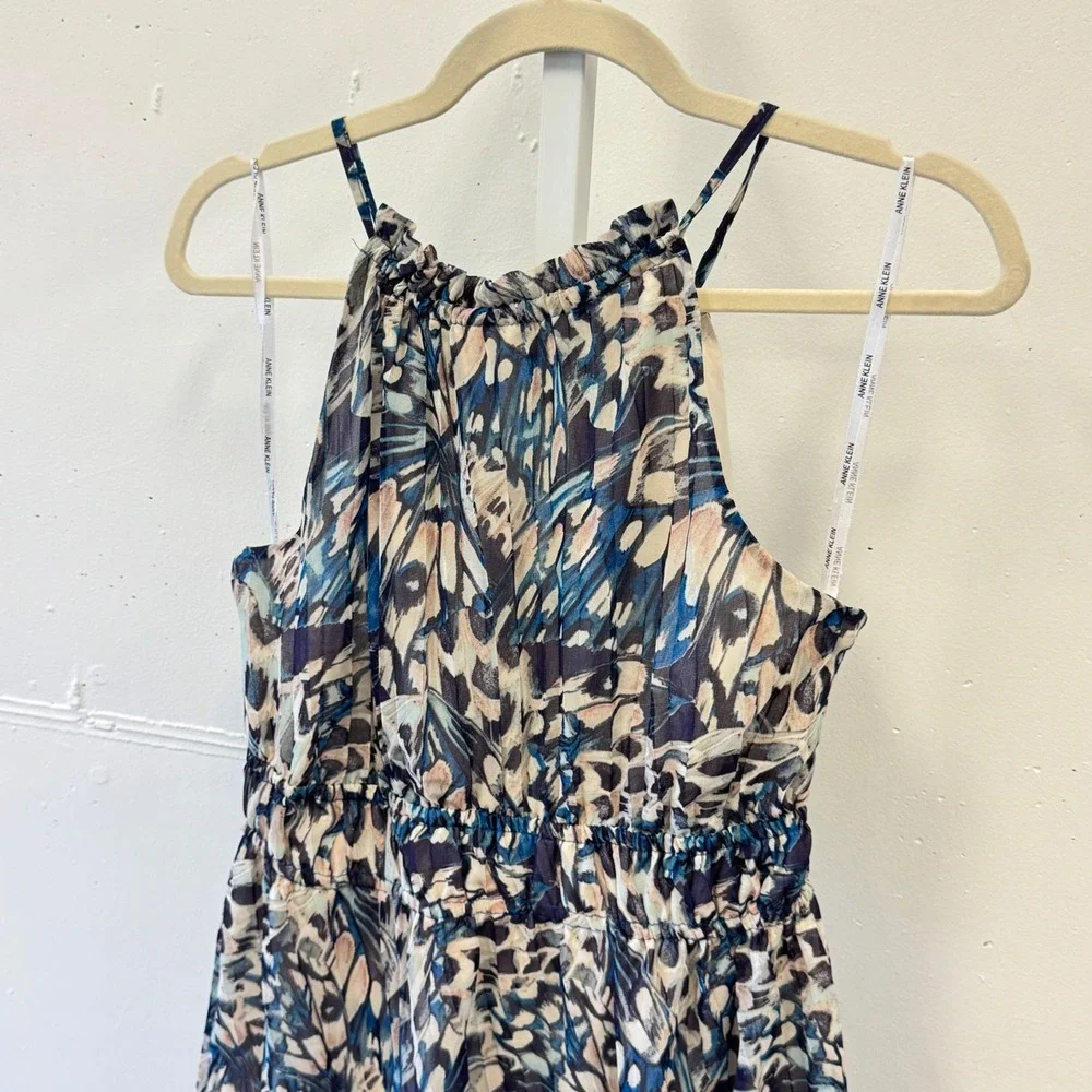 Anne Klein Butterfly Print Halter Midi Dress Blue Size 4 Ruffle‎ Neck Tie Back